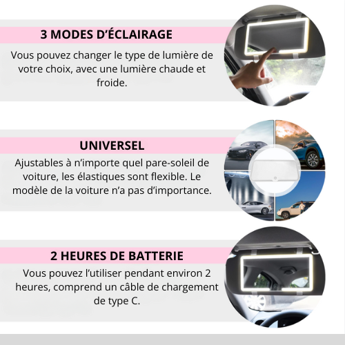 Miroir LED pour voiture avec 3 modes